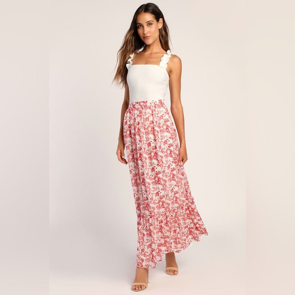 Lulus Sweetly Blooming Ivory Floral Print Tiered Maxi Skirt